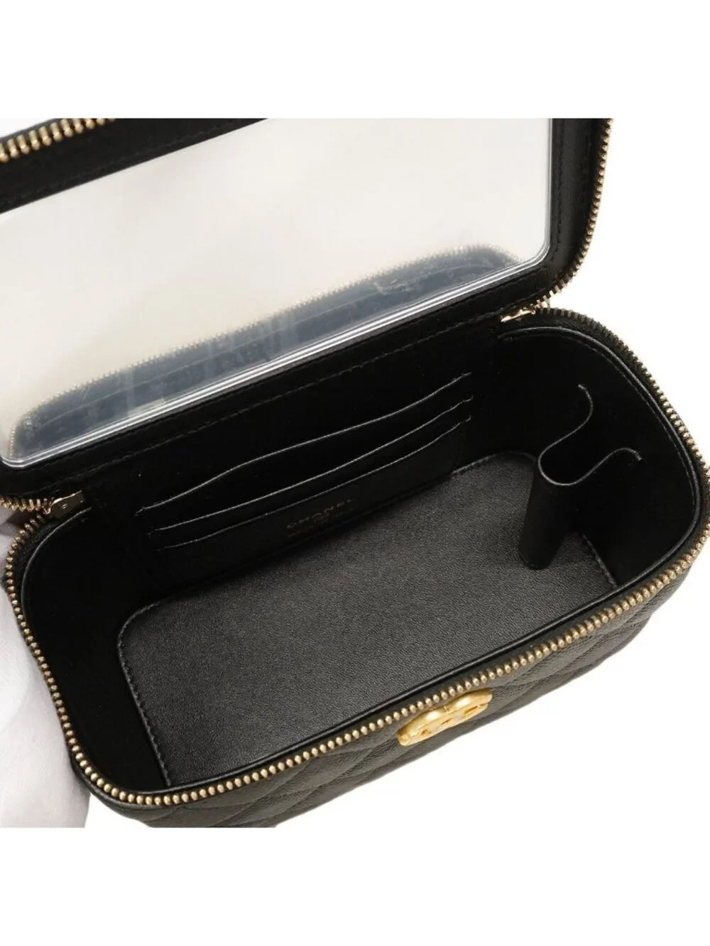 Chanel Shoulder Bag Quilted Caviar Leather Black Gold